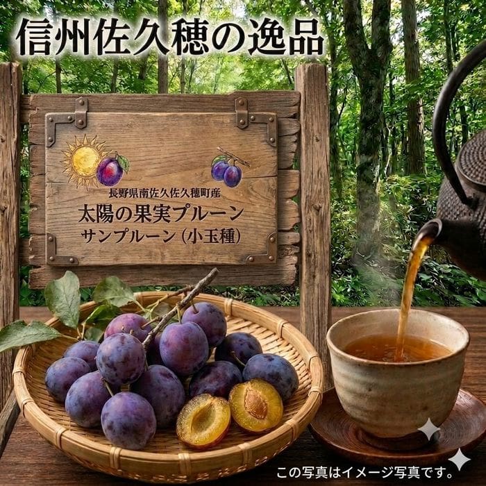 テーブルの上には、お茶が注がれているカップの隣に、新鮮な「太陽の果実プルーン サンプルーン（小玉種）」の入ったかごが置かれており、その背後には、イラストや日本語のテキスト、そして「DS予約販売（出荷予定 8月20日頃から2週間）」という文言が書かれた素朴な木製の看板が掲げられている。 背景には青々とした緑が広がり、この旬のプルーンの生き生きとした魅力を引き立てている。.